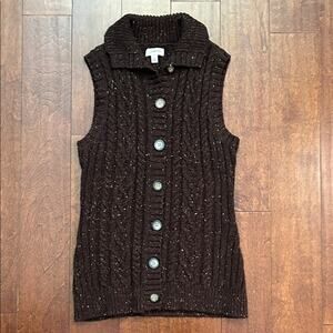 St. John's Bay Brown Flecked Cable Knit Button Down Cardigan Vest, Size Small